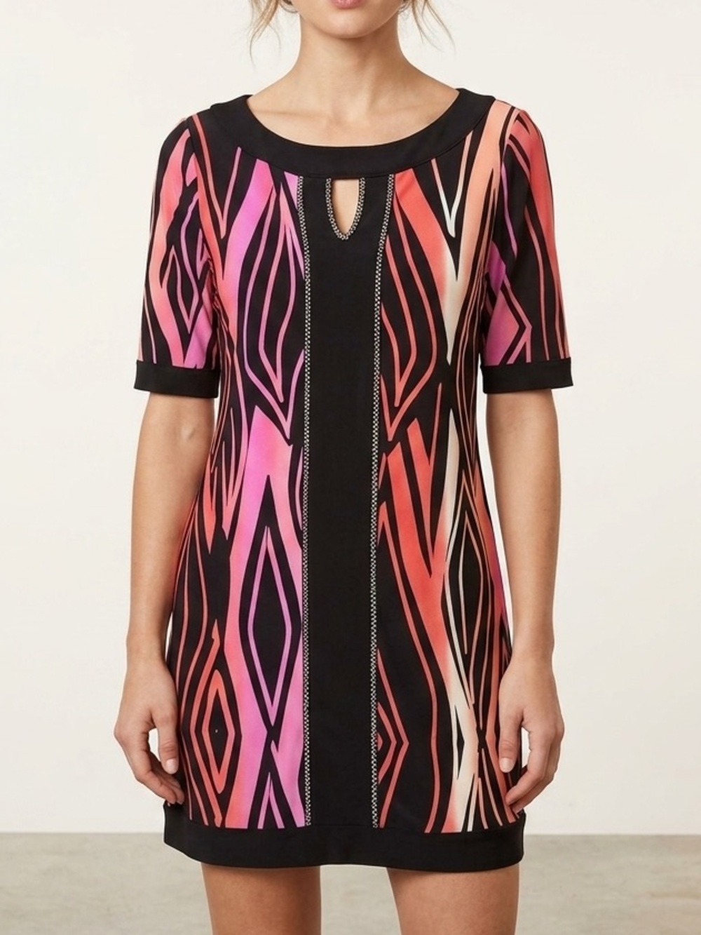 Style & Co. Pink & Black Geometric Keyhole Shift Dress